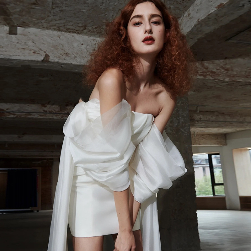 White one-shoulder light wedding dress short style French simple temperament engagement evening dress high-end dress