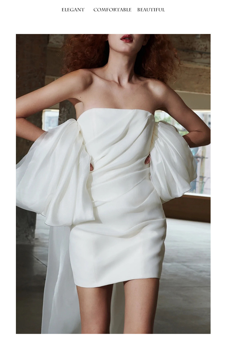 White one-shoulder light wedding dress short style French simple temperament engagement evening dress high-end dress