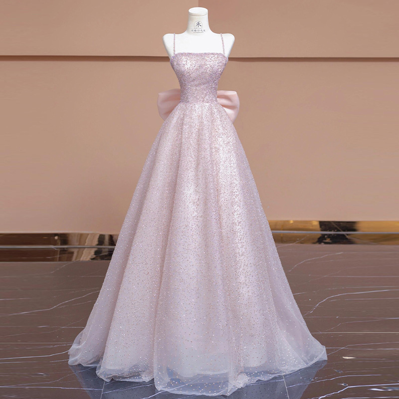 New pink suspender evening dress, fairy light luxury, high-end adult ceremony, birthday party dress, engagement dress