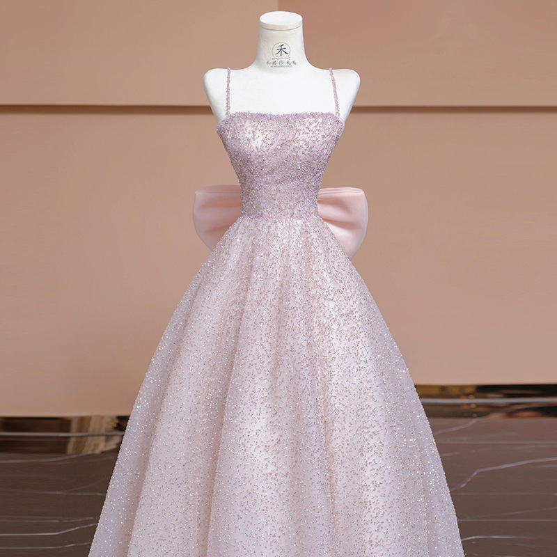 New pink suspender evening dress, fairy light luxury, high-end adult ceremony, birthday party dress, engagement dress