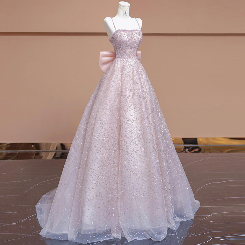 New pink suspender evening dress, fairy light luxury, high-end adult ceremony, birthday party dress, engagement dress