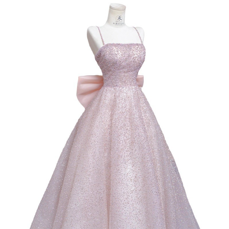 New pink suspender evening dress, fairy light luxury, high-end adult ceremony, birthday party dress, engagement dress