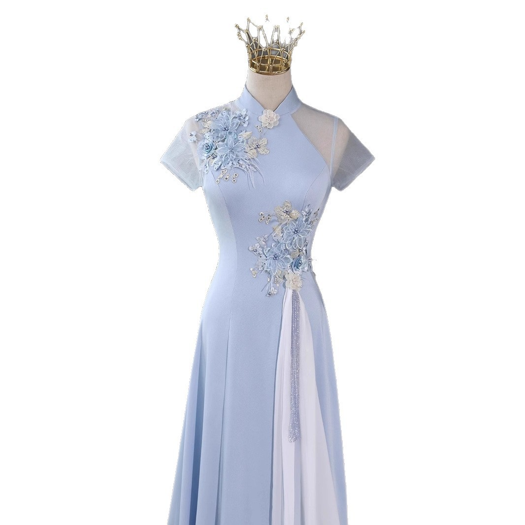 Chinese style ethnic choir performance clothing new stand collar guzheng performance clothing large chorus host dress