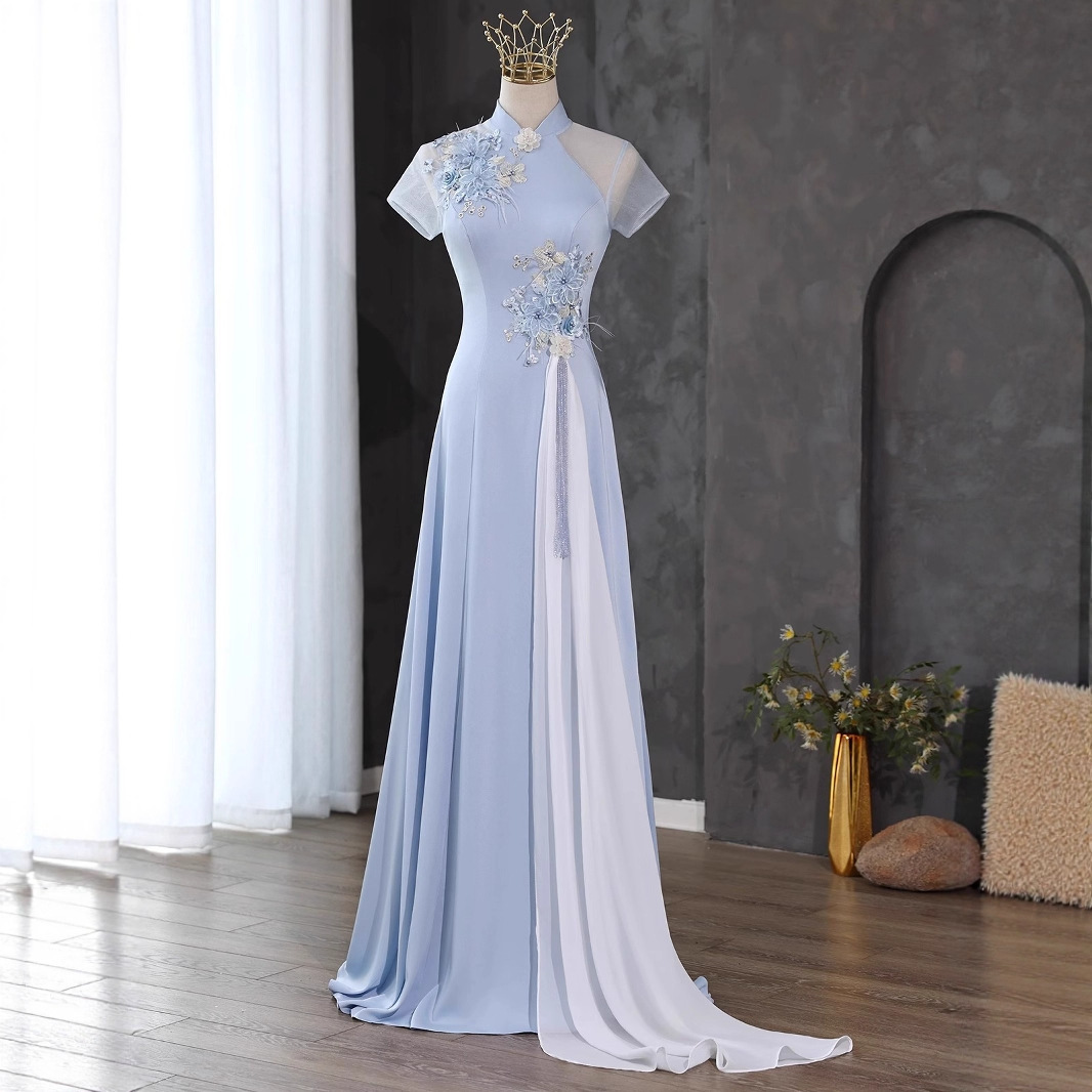 Chinese style ethnic choir performance clothing new stand collar guzheng performance clothing large chorus host dress