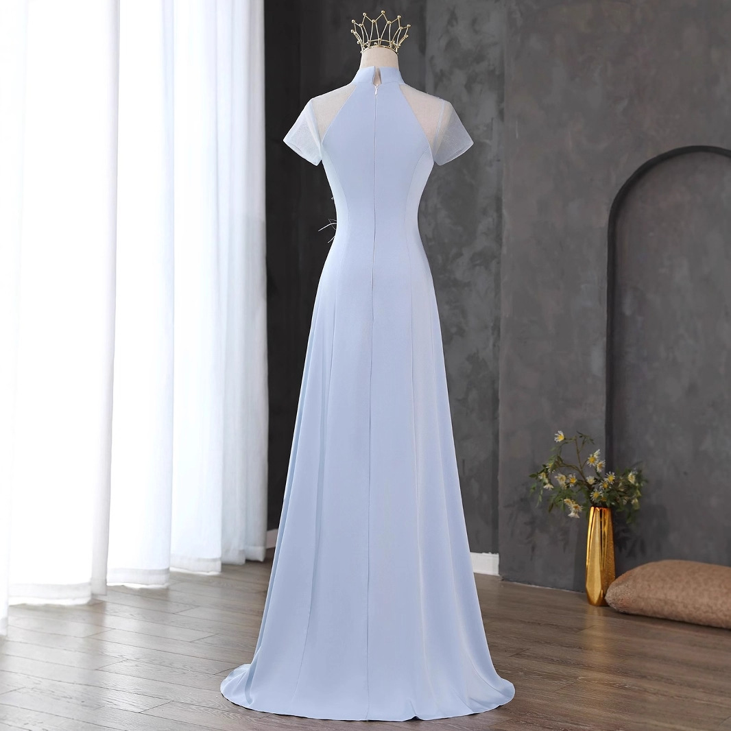 Chinese style ethnic choir performance clothing new stand collar guzheng performance clothing large chorus host dress