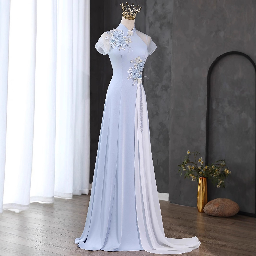 Chinese style ethnic choir performance clothing new stand collar guzheng performance clothing large chorus host dress