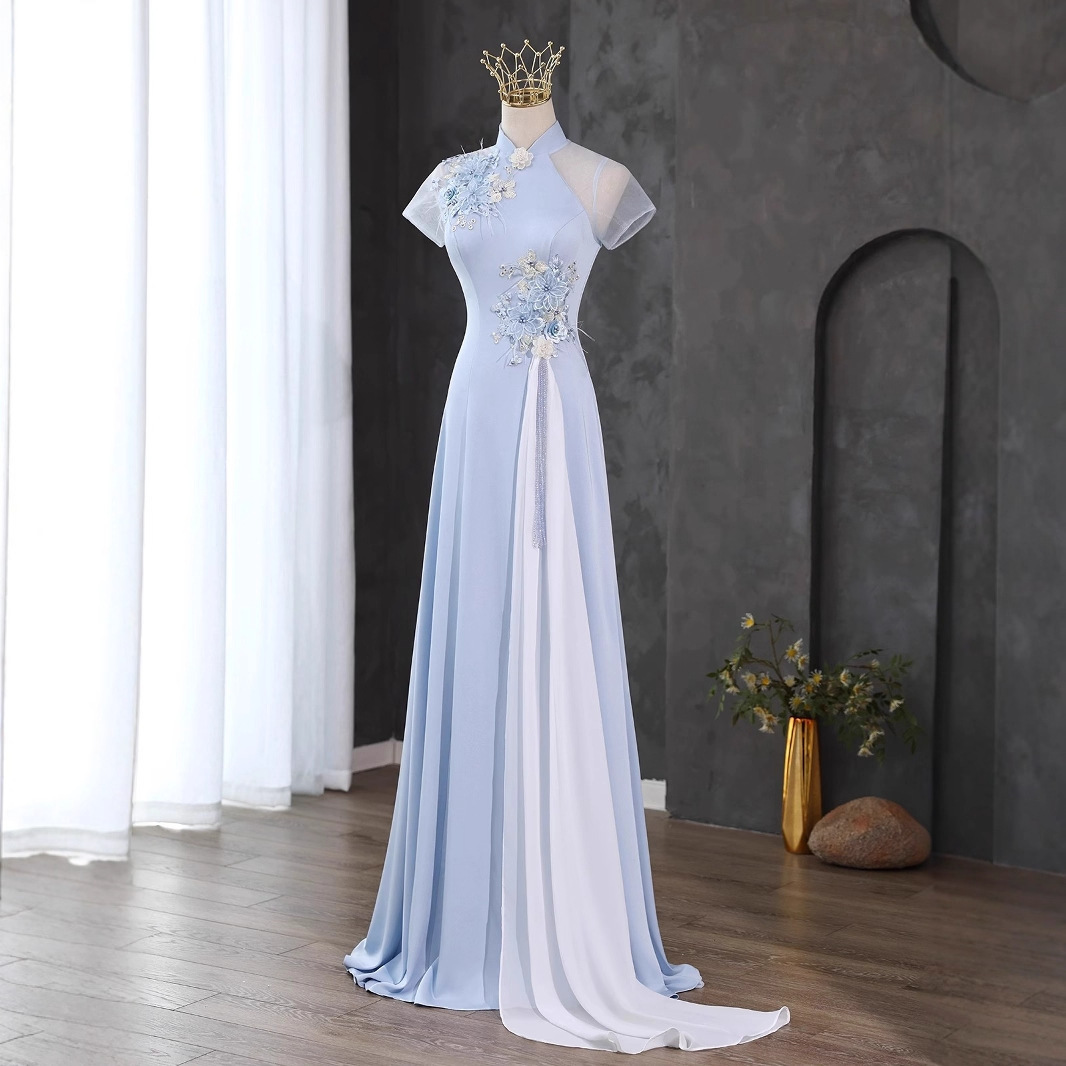 Chinese style ethnic choir performance clothing new stand collar guzheng performance clothing large chorus host dress