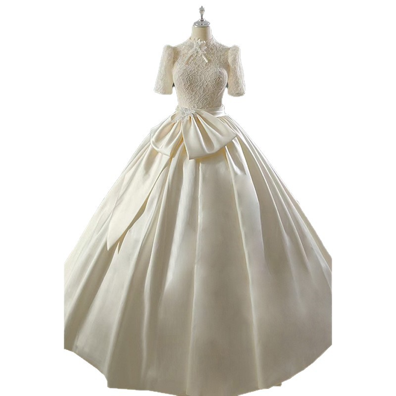 New champagne lace stand-up gauze back hollow satin skirt with bow light forest wedding dress