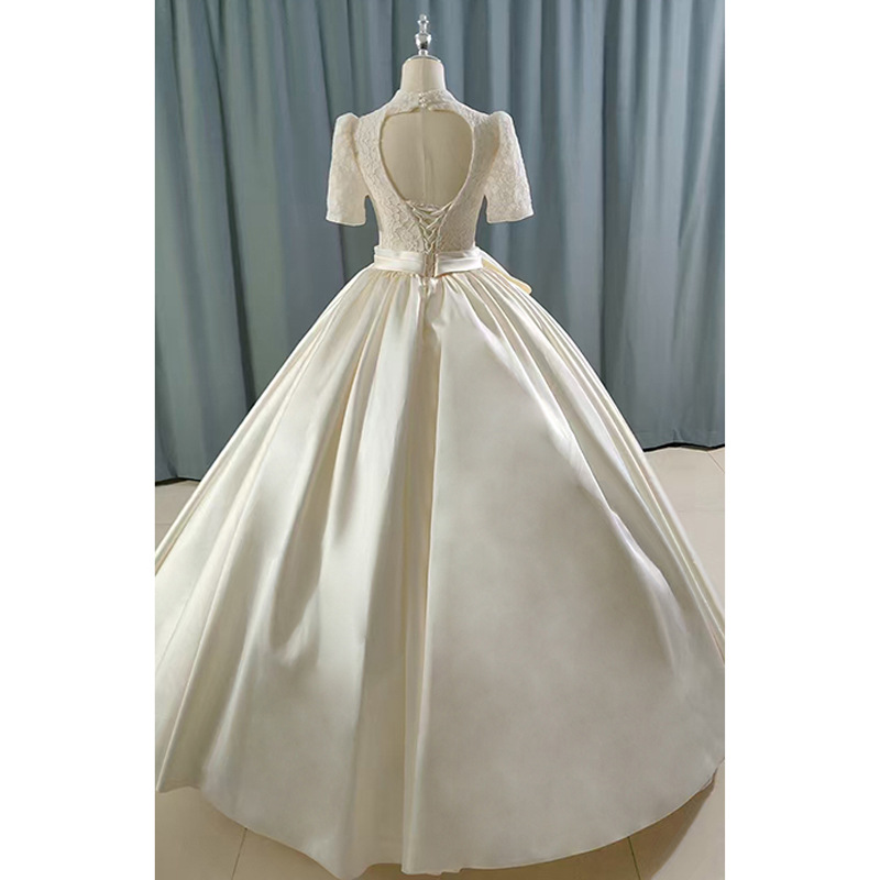 New champagne lace stand-up gauze back hollow satin skirt with bow light forest wedding dress