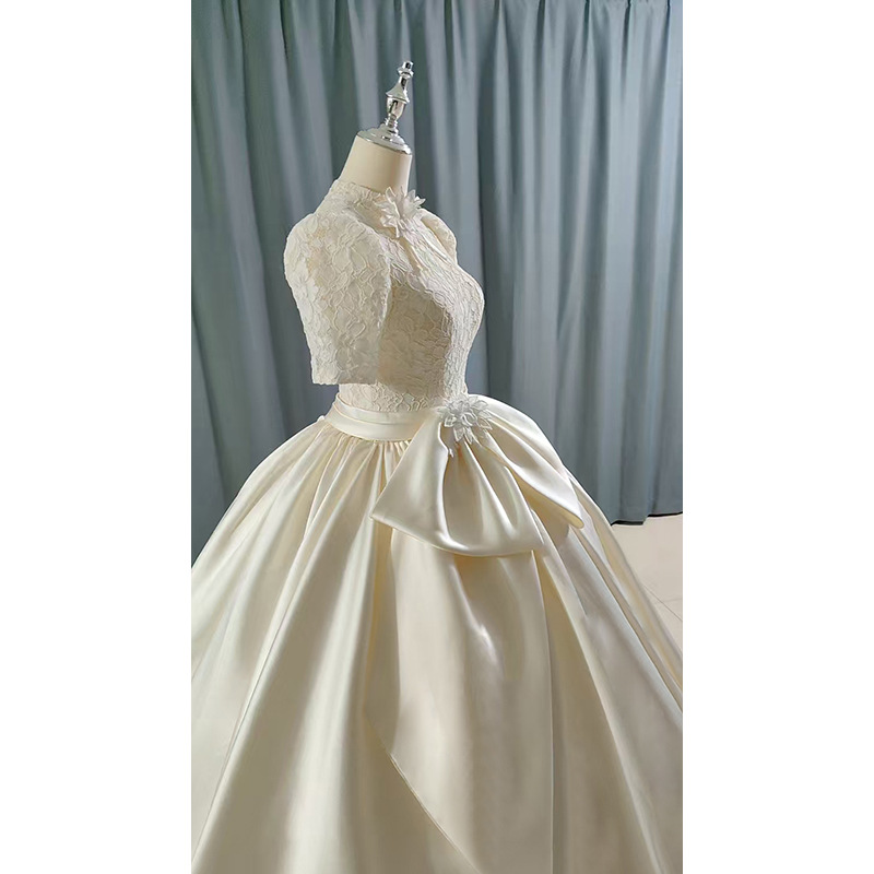New champagne lace stand-up gauze back hollow satin skirt with bow light forest wedding dress