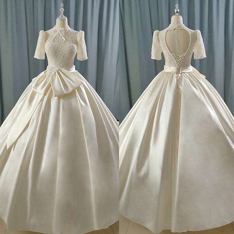 New champagne lace stand-up gauze back hollow satin skirt with bow light forest wedding dress