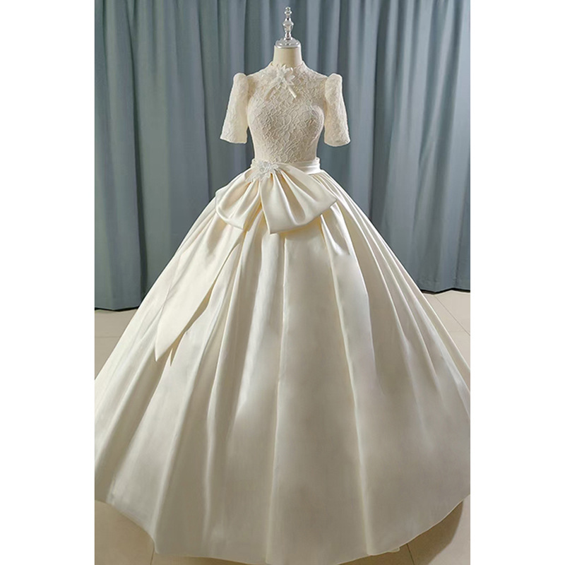 New champagne lace stand-up gauze back hollow satin skirt with bow light forest wedding dress