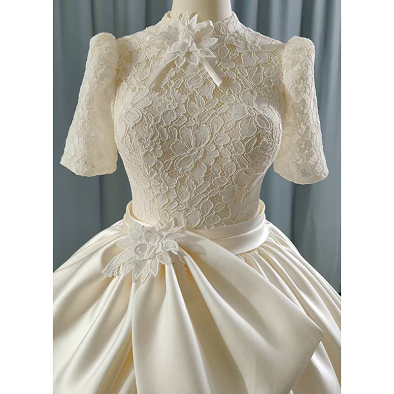 New champagne lace stand-up gauze back hollow satin skirt with bow light forest wedding dress