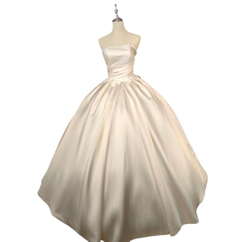 New French tube top satin wedding dress, simple waisted wedding dress, large skirt, wedding main yarn, high-end texture