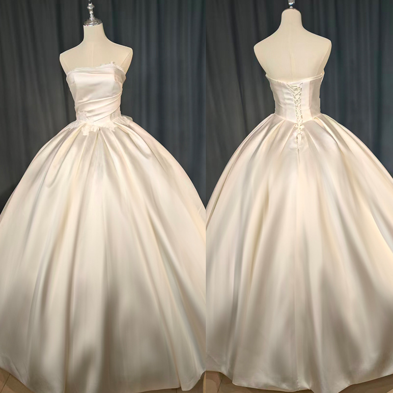 New French tube top satin wedding dress, simple waisted wedding dress, large skirt, wedding main yarn, high-end texture
