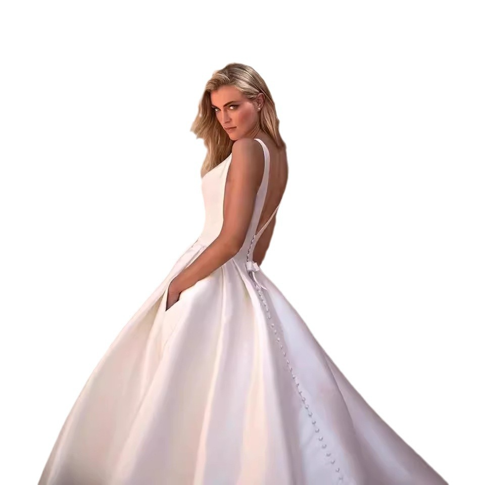High-waist maternity light wedding dress new bridal satin high-end simple retro tail dress French outing veil