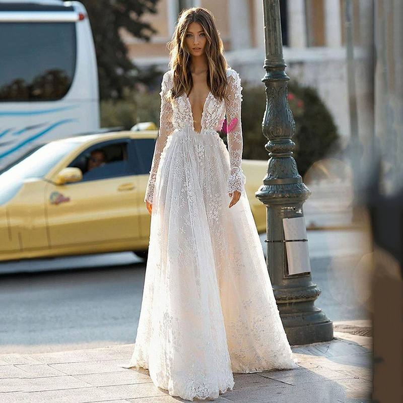 Women's  Wedding  Dress Sexy  Lace Long Sleeve Resort Dress  Evening Party Dress