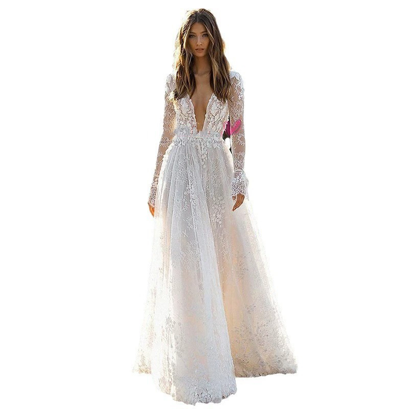 Women's  Wedding  Dress Sexy  Lace Long Sleeve Resort Dress  Evening Party Dress