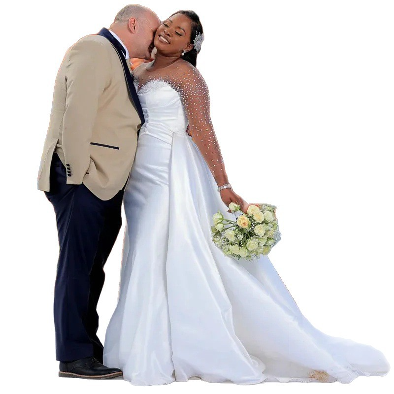 Elegant beaded mermaid wedding dress bridal gown plus size illusion trumpet gown with detachable train