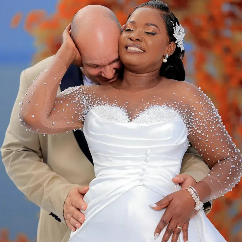 Elegant beaded mermaid wedding dress bridal gown plus size illusion trumpet gown with detachable train