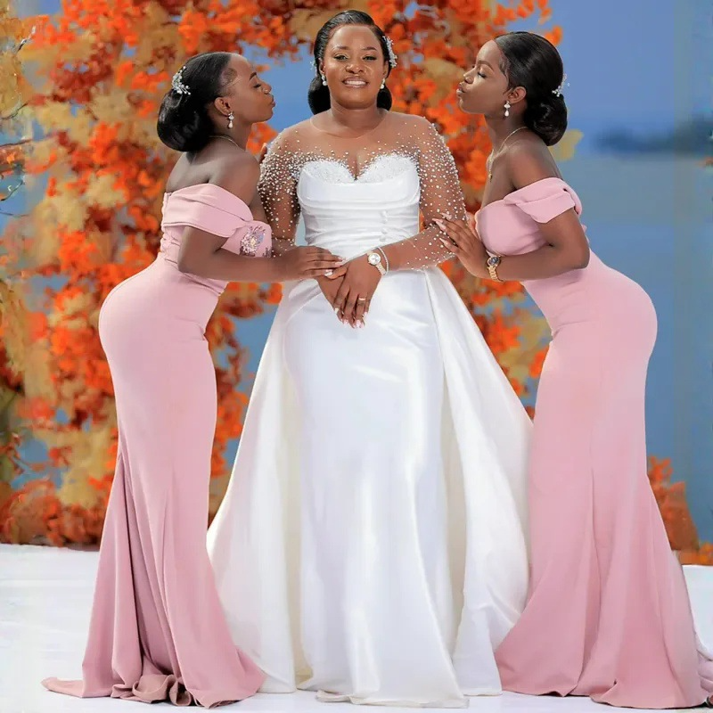 Elegant beaded mermaid wedding dress bridal gown plus size illusion trumpet gown with detachable train