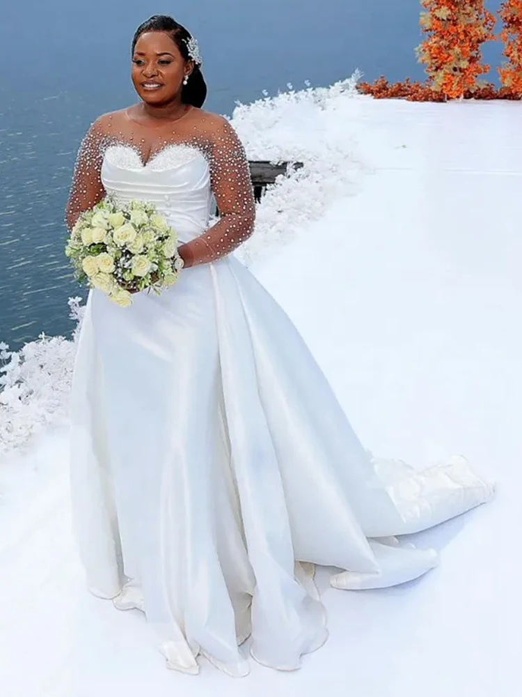 Elegant beaded mermaid wedding dress bridal gown plus size illusion trumpet gown with detachable train