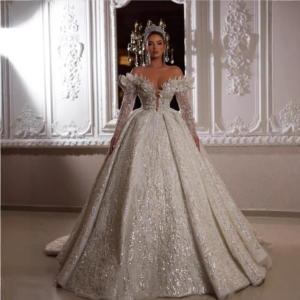 New European and American one-shoulder deep V evening dress long skirt sequined dress party