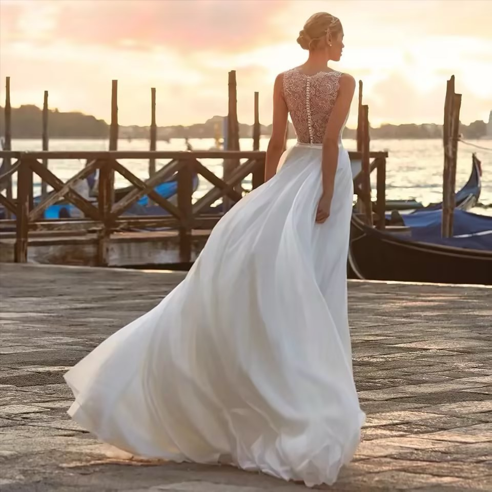 Women's wedding dress party banquet dress bridal V-neck backless fairy beach style evening dress