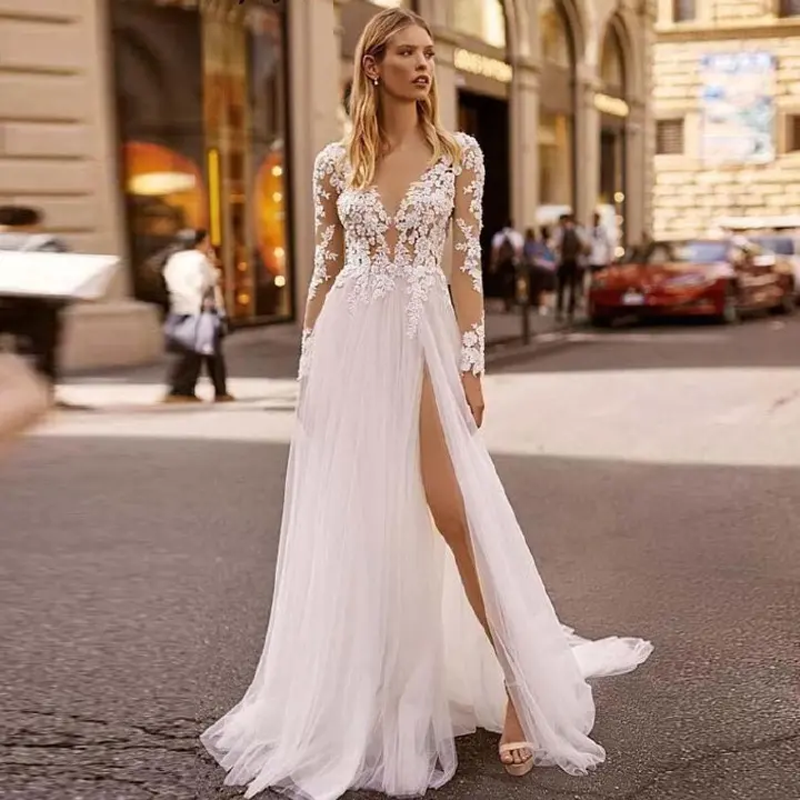 New wedding lace long sleeve banquet evening dress lace wedding dress water soluble lace