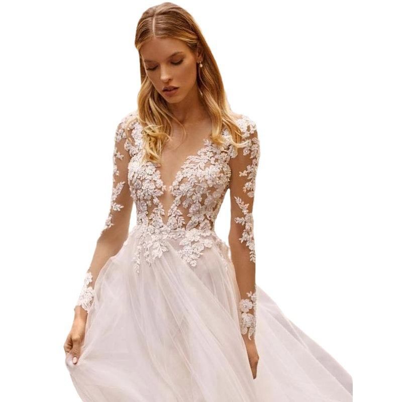 New wedding lace long sleeve banquet evening dress lace wedding dress water soluble lace