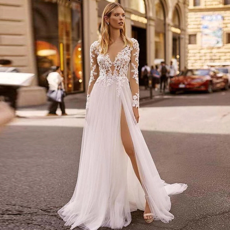 New wedding lace long sleeve banquet evening dress lace wedding dress water soluble lace
