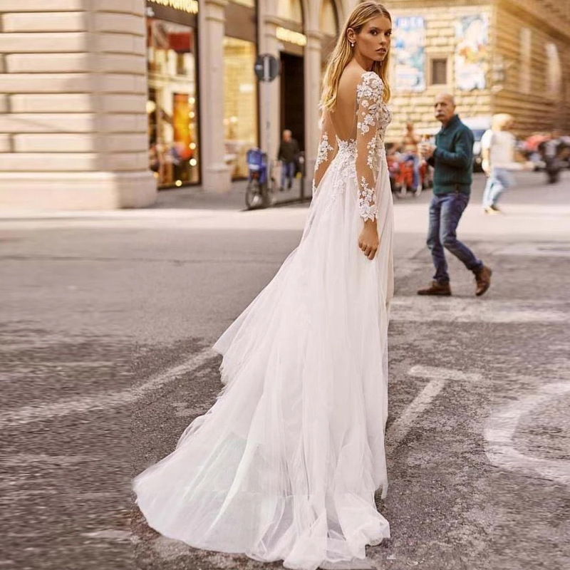 New wedding lace long sleeve banquet evening dress lace wedding dress water soluble lace