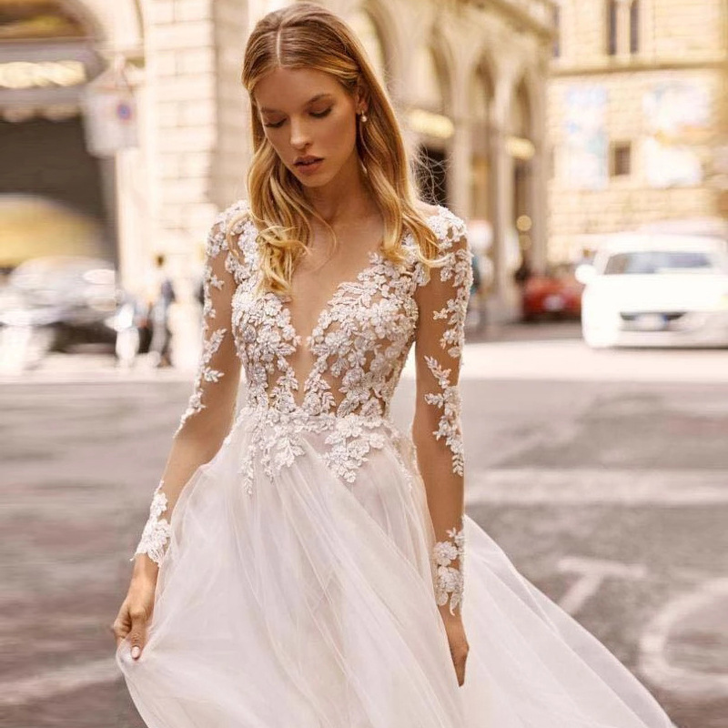 New wedding lace long sleeve banquet evening dress lace wedding dress water soluble lace