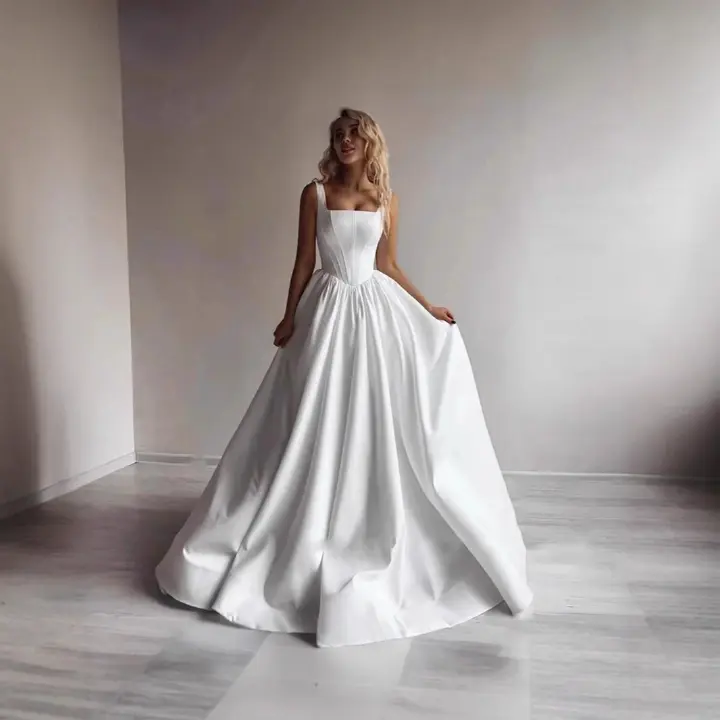 Bridal suspender satin wedding dress beach photo evening dress simple lawn wedding trailing long skirt for women