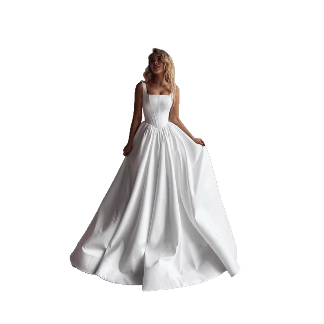 Bridal suspender satin wedding dress beach photo evening dress simple lawn wedding trailing long skirt for women