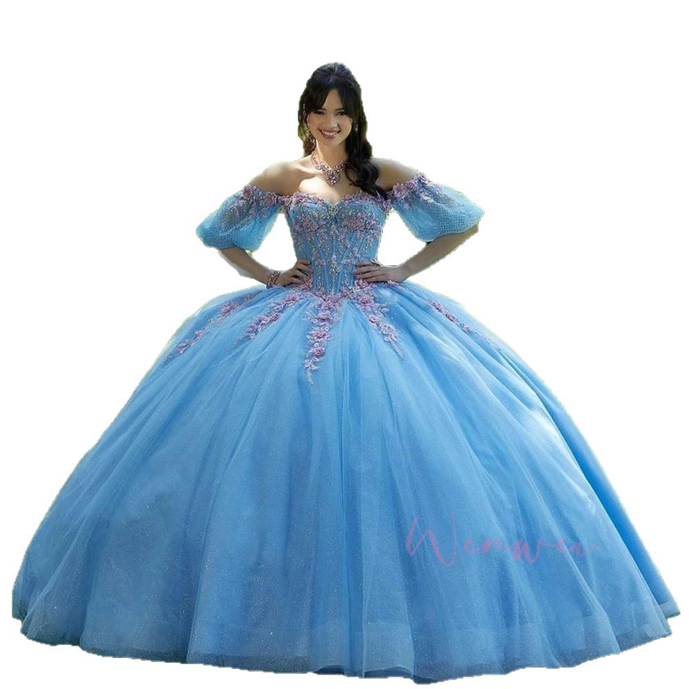 European and American colorful gauze wedding evening dress one-shoulder three-dimensional appliqué birthday party adult dress puffy gauze princess dress