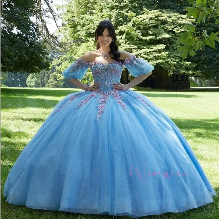 European and American colorful gauze wedding evening dress one-shoulder three-dimensional appliqué birthday party adult dress puffy gauze princess dress
