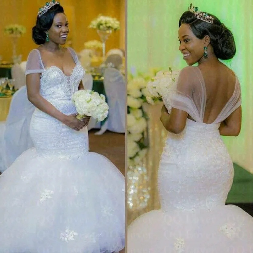 African Bride Sexy Waist Mermaid Puff Wedding Dress One-shoulder Elegant Outing Veil Evening Dress