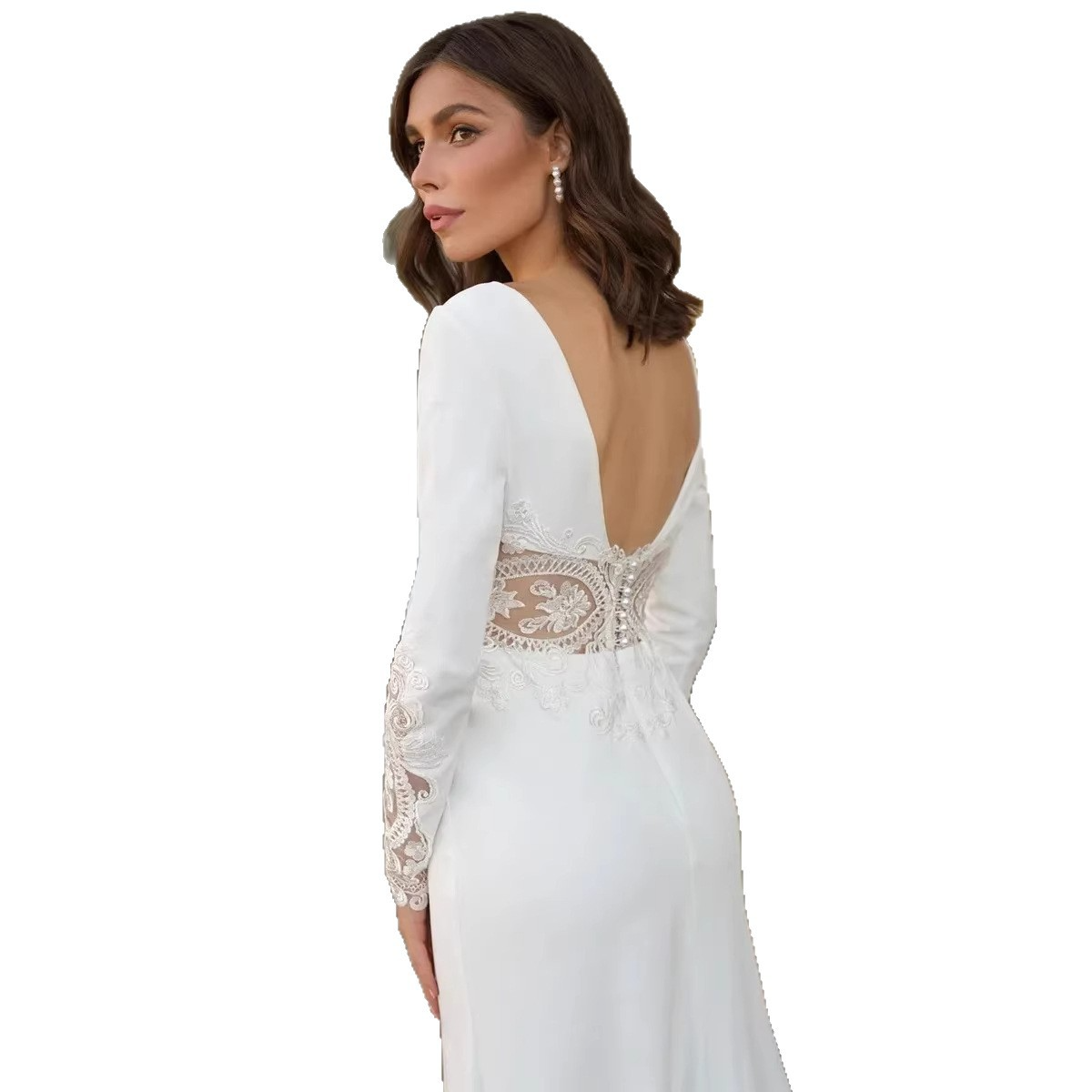 New style wedding dress with V-neck long sleeves, high-end texture, simple temperament, bridal satin fishtail gauze