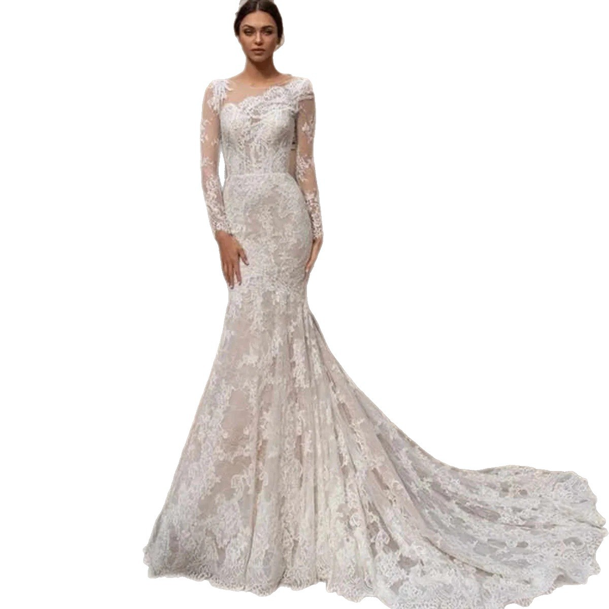 Spring and summer new European and American wedding dress sexy lace long-sleeved dress evening dress