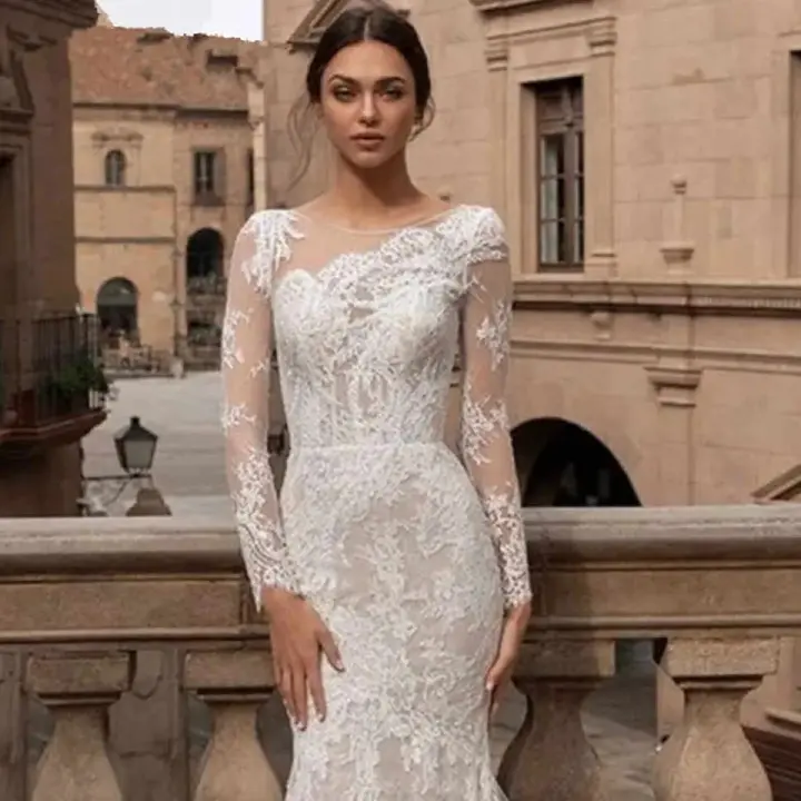 Spring and summer new European and American wedding dress sexy lace long-sleeved dress evening dress