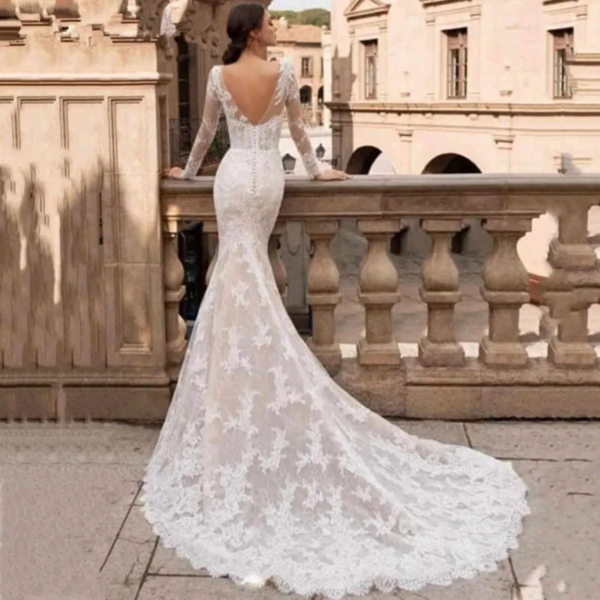 Spring and summer new European and American wedding dress sexy lace long-sleeved dress evening dress