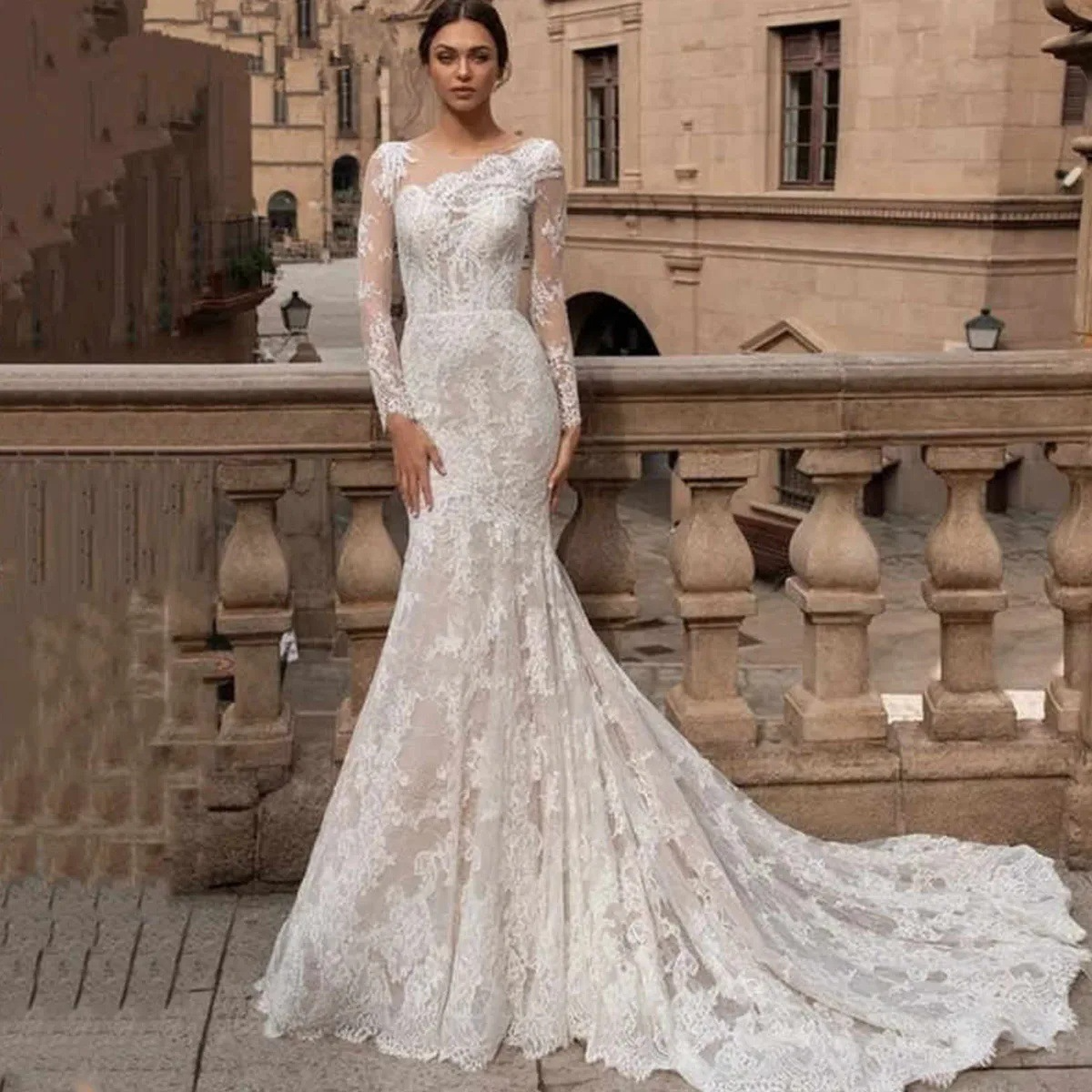 Spring and summer new European and American wedding dress sexy lace long-sleeved dress evening dress