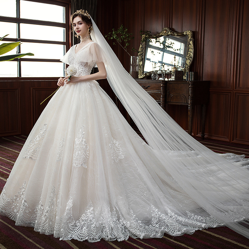 Main wedding dress for women new style bride one shoulder trailing forest style super fairy fantasy starry sky princess light wedding dress
