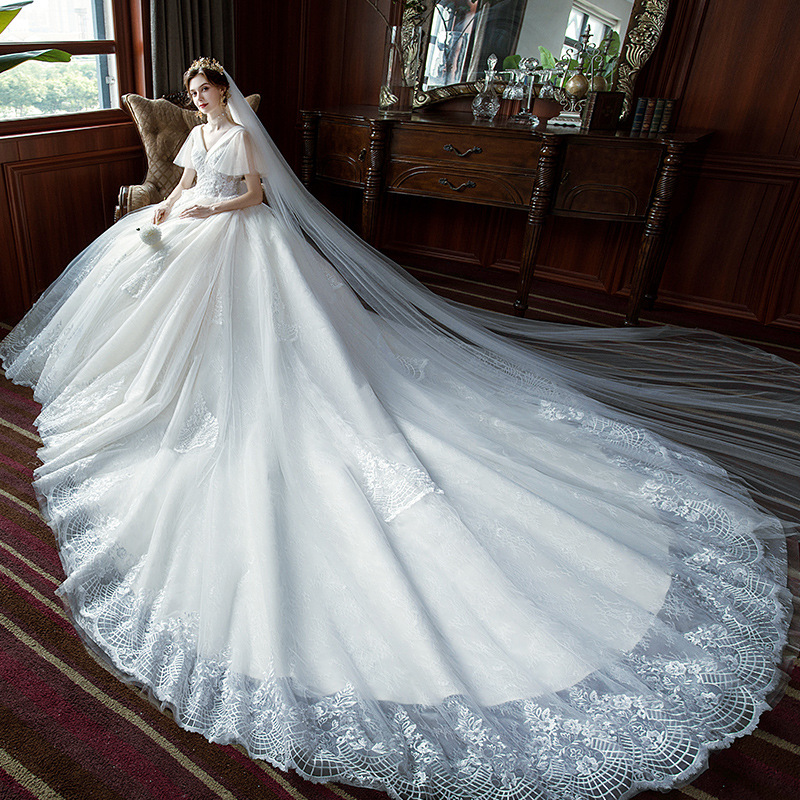 Main wedding dress for women new style bride one shoulder trailing forest style super fairy fantasy starry sky princess light wedding dress