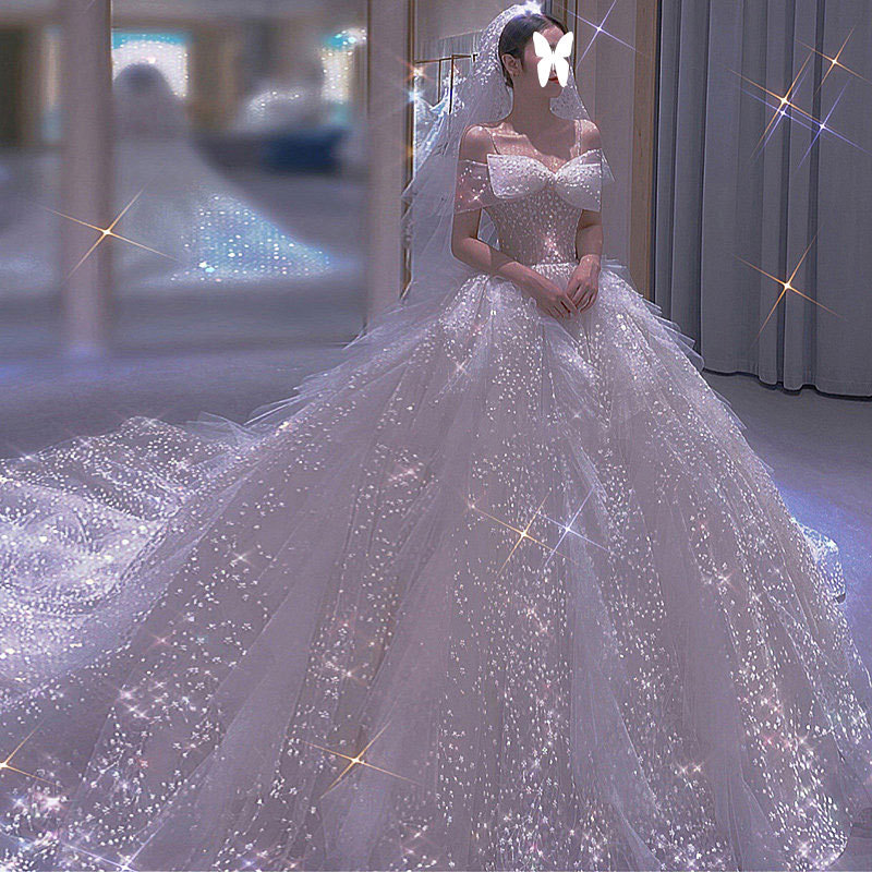 French light wedding dress, new temperament, small bride, simple and atmospheric main starry sky, Suzhou wedding dress with tail