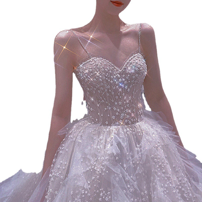 French light wedding dress, new temperament, small bride, simple and atmospheric main starry sky, Suzhou wedding dress with tail