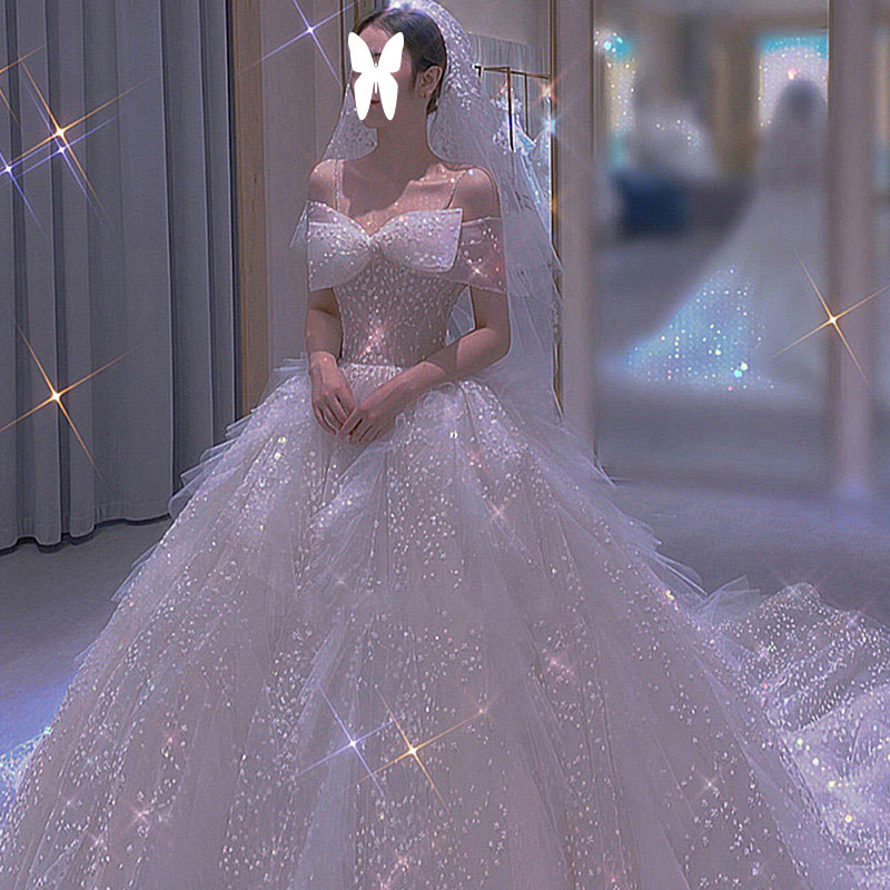 French light wedding dress, new temperament, small bride, simple and atmospheric main starry sky, Suzhou wedding dress with tail