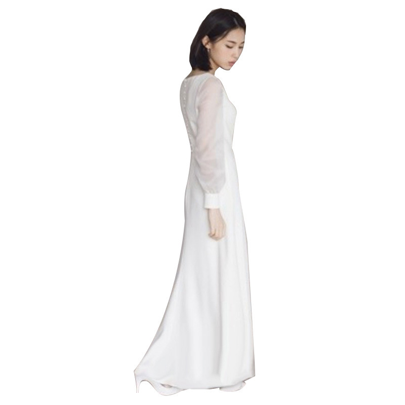 Travel photography light wedding dress forest style super fairy simple white satin evening dress women's new long-sleeved wedding veil