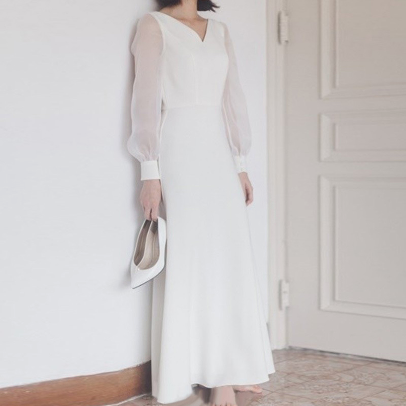 Travel photography light wedding dress forest style super fairy simple white satin evening dress women's new long-sleeved wedding veil